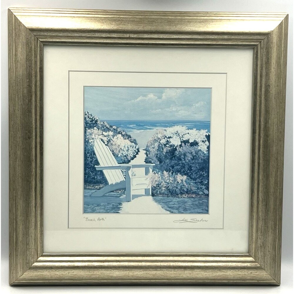 Framed Art Print Lin Seslar Beach Path Coastal Adirondack Chair Signed 15.5x15.5